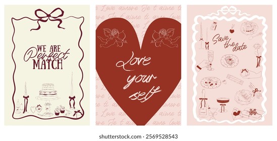 Collection of Romantic posters witn food, drink, candle and romantic elements. Romantic invitation or greeting cards. Valentines Day, Save the date, Wedding illustration. Editable vector illustration.