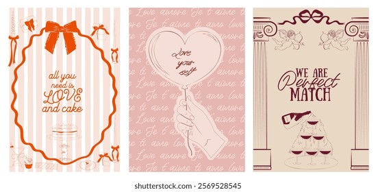 Collection of Romantic posters witn food, drink, candle and romantic elements. Romantic invitation or greeting cards. Valentines Day, Save the date, Wedding illustration. Editable vector illustration.