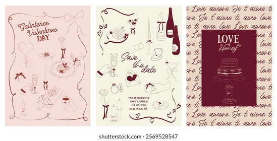 Collection of Romantic posters witn food, drink, candle and romantic elements. Romantic invitation or greeting cards. Valentines Day, Save the date, Wedding illustration. Editable vector illustration.