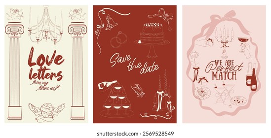 Collection of Romantic posters witn food, drink, candle and romantic elements. Romantic invitation or greeting cards. Valentines Day, Save the date, Wedding illustration. Editable vector illustration.