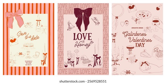 Collection of Romantic posters witn food, drink, candle and romantic elements. Romantic invitation or greeting cards. Valentines Day, Save the date, Wedding illustration. Editable vector illustration.