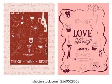 Collection of Romantic posters witn food, drink, candle and romantic elements. Romantic invitation or greeting cards. Valentines Day, Save the date, Wedding illustration. Editable vector illustration.