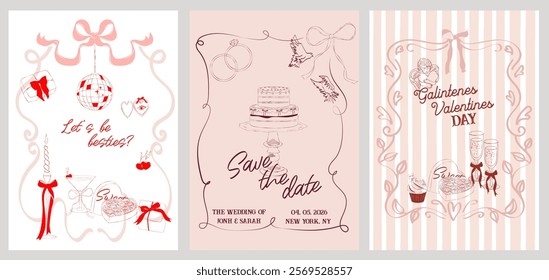 Collection of Romantic posters witn food, drink, candle and romantic elements. Romantic invitation or greeting cards. Valentines Day, Save the date, Wedding illustration. Editable vector illustration.