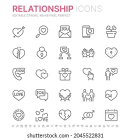 Collection of romantic relationship and love related line icons. 48x48 Pixel Perfect. Editable stroke.