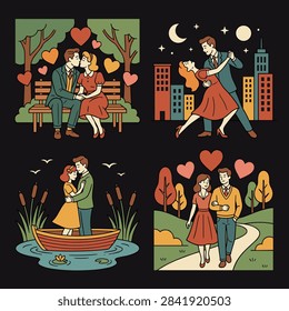 A collection of romantic scenes featuring couples in love