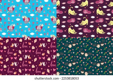 Collection of romantic seamless patterns for Valentine's day with hand drawn cartoon cats, hearts, baloons, roses, couple in love. Vector set