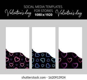 Collection of romantic social media templates. Valentine day design for stories with polygonal hearts on the black background. Vector illustration. Standard size 1080*1920 px
