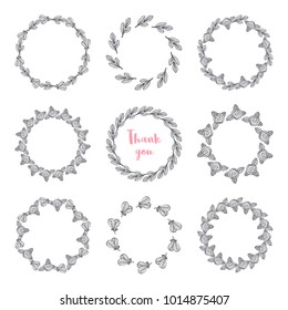 Collection of romantic style hand drawn floral frames with flowers and leaves in black and white. Greeting card templates. Monochrome vector illustration