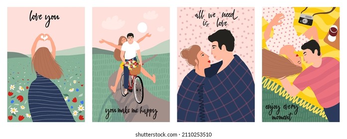 Colección de románticas tarjetas de San Valentín. Las parejas románticas en cita en bicicleta, contemplando la puesta de sol, relajándose en un picnic. Joven y mujer enamorada. Conjunto de ilustraciones vectoriales de dibujos animados planos.