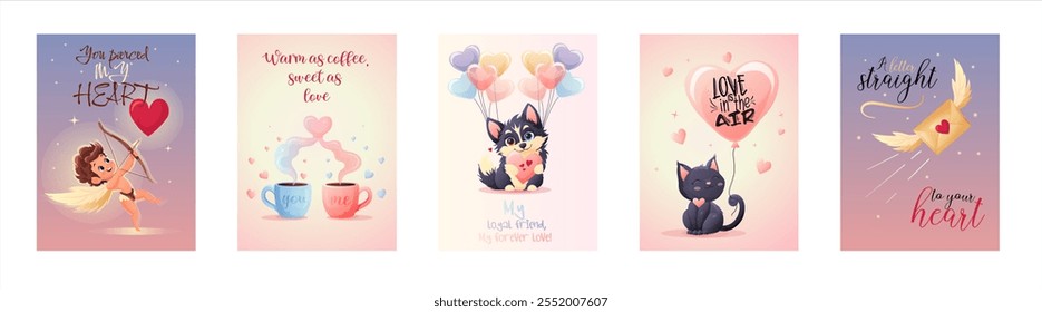 A collection of romantic Valentines Day cards featuring illustrations of Cupid, coffee cups, a dog, a cat, and a flying envelope with hearts.
