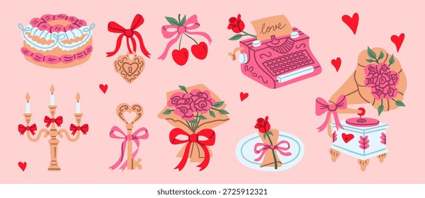 Colección de Elementos románticos del día de San Valentín que incluyen pastel, máquina de escribir, gramófono, rosas y llave vintage en colores rosados