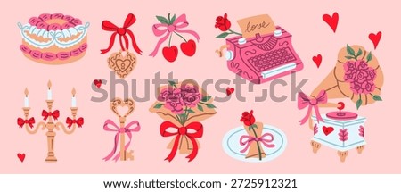 Collection of romantic Valentine's Day elements including cake, typewriter, gramophone, roses, and vintage key in pink colors