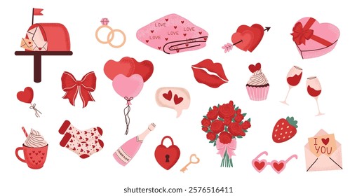 A collection of romantic Valentine's Day  love symbols. Cute hearts, roses, gifts, balloons, chocolates, wine glasses, and other love-themed objects. Vector illustration