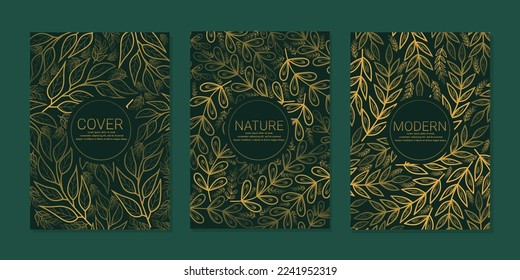 Collection of romantic vintage cover page designs. golden floral line art pattern in dark green background. vector background for elegant wedding invitation, menu, summer sale, holiday post,