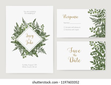Collection of romantic wedding invitation, Save The Date and response card templates decorated with green forest ferns and wild herbaceous plants. Natural realistic hand drawn vector illustration.