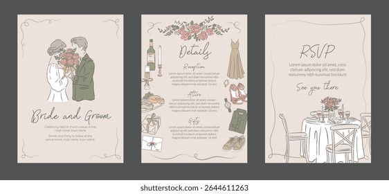 Coleção de casamento romântico Ocasião modelo Convite Desenhado à mão estilo ilustração design de Noiva e Noivo com configuração de tabela e detalhes