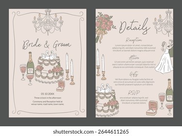 Coleção de casamento romântico Ocasião modelo Convite Desenhado à mão estilo ilustração design de bolo e festa