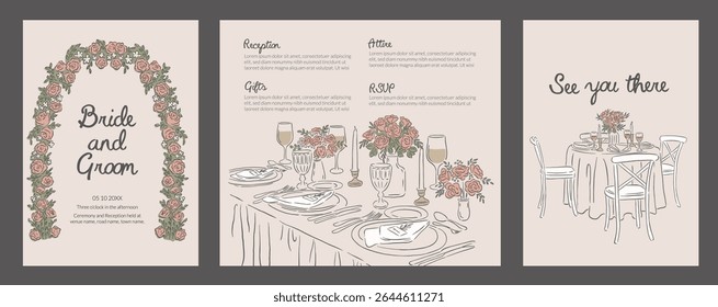 Collection of Romantic Wedding Occasion Invitation template Hand drawn style illustration design of reception table setting
