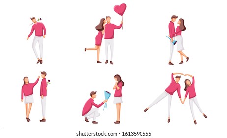 Collection of romantic young couple scene. Happy valentines day. Love confession or 
marriage proposal. Girlfriend and boyfriend character design set. Flat design vector illustration. 