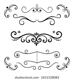 A collection of Rome-style calligraphic design elements featuring ornate dividers and elegant headpieces. Perfect for vintage, luxury, and classical design projects.