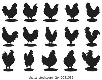 Collection of Rooster and Chicken Silhouettes in Black