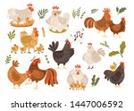 Collection of rooster, hen and chicks isolated on white background. Bundle of chicken with brood. Cute lovely family of domestic fowl or poultry birds. Childish flat cartoon vector illustration.