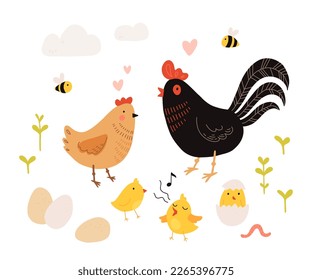 Collection of rooster, hen and chicks isolated on white background. Bundle of chicken with brood. Cute lovely family of domestic fowl or poultry birds. Childish flat cartoon vector illustration.