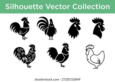 Colección de siluetas de gallo aisladas sobre fondo blanco