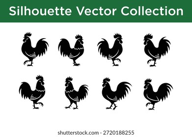 Colección de siluetas de gallo aisladas sobre fondo blanco