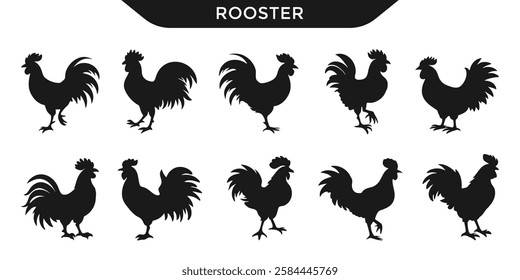 Collection of rooster vector silhouettes in various poses