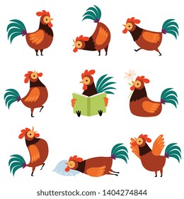 Collection of Roosters with Bright Plumage in Different Situations, Farm Cocks Cartoon Characters