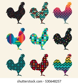 Collection of roosters silhouettes with geometric patterns.
