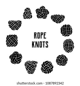 Collection of rope knots. Isolated objects. Black and white vector illustration