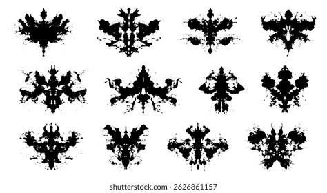 Collection of Rorschach inkblot patterns for psychological projection and analysis. Symmetrical abstract shapes for psychoanalysis, emotional evaluation, mental therapy, design, psychiatric use