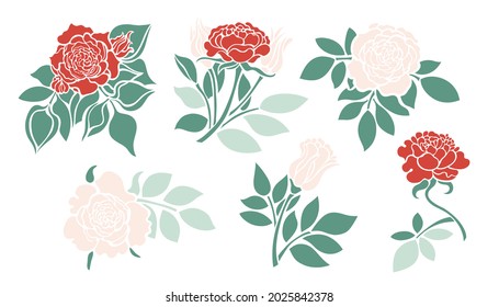 Collection of rose buds. Botanical set of flowers and leaves. Vector illustration. 