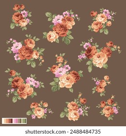 Eine Kollektion aus Rosenblütenmaterialien mit einem altmodischen Bild,