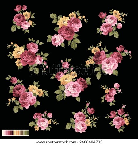 A collection of rose flower materials created with an old-fashioned image,