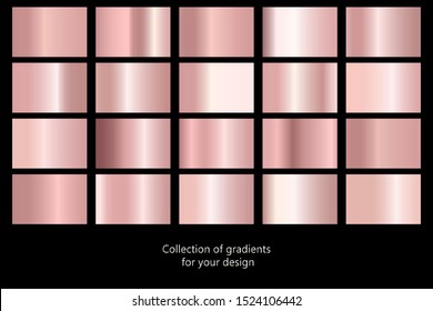 Collection Of Rose Gold Gradient Backgrounds. Set Of Pink Metallic Textures. Vector Illustration