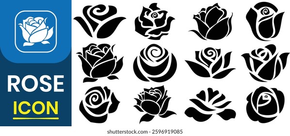 Collection of rose icon. Rose flower vector icon set. Rose flower or romantic valentine decorative icon set. Rose Flower silhouette. Vector illustration.