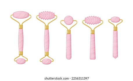 Collection of Rose quartz rollers for facial massage. Rose quartz facial roller. Chinese gua sha massage. Skin care and morning routine. Vector illustration in a flat style.