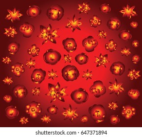 Collection of roses and flowers with fire red shades, on dark red background