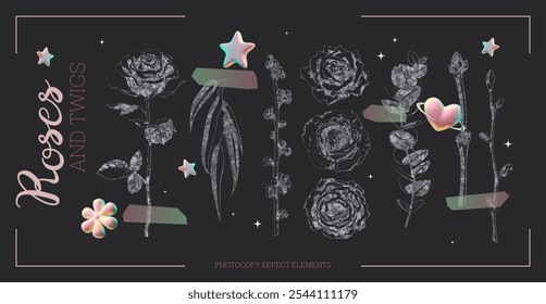 Collection of roses flowers and twigs leaves retro grey photocopy effect elements on black. Vintage blossom herbarium grainy texture. Y2K aesthetic vector floral grunge collage with adhesive tape