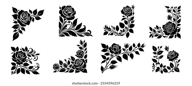 Collection of roses on a white background. Rose corner border 