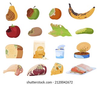Collection rotten poison products vector isometric illustration. Danger expired food with mold and insects isolated. Dirty unhealthy fruits, seasonal vegetables, bread, meat, conservation, cheese