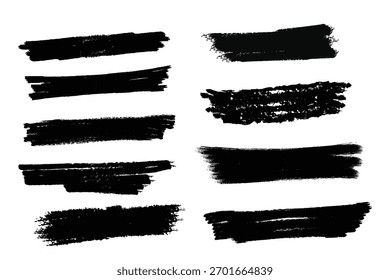 Colección de texturas de trazo de pincel negro áspero sobre un fondo blanco