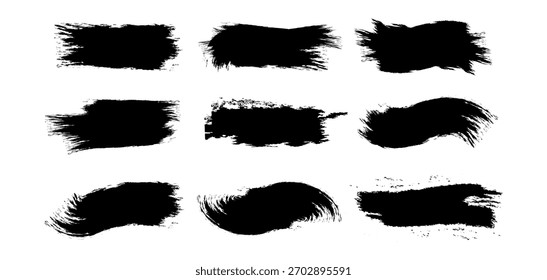 A collection of rough black paint brush strokes featuring expressive, distressed textures. Perfect for posters, banners, overlays, typography, web graphics,  and modern digital artwork.