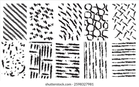 Collection of Rough Grunge Textures and Patterns: Black Ink Brush Strokes on White Background, Perfect for Layering in Creative Designs and Artistic Projects