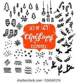 Collection of rough hand drawn Christmas and New Year elements. Spruce branches, knitted socks and mittens, snowflakes, laurel, fir trees and elements for textures.