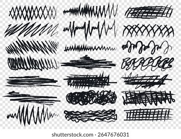 collection of rough hand drawn strokes. Ink scribble stripes, childrens crayon doodle, rough hand drawn scratches. Set of unique squiggles in doodle style