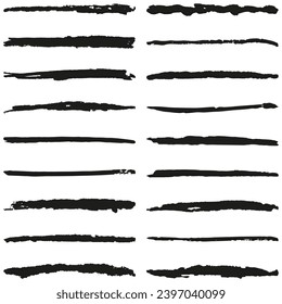 Collection of rough hand-drawn vector line brushes. Seamless repeating striped monochrome pattern isolated on transparent background. Grunge texture